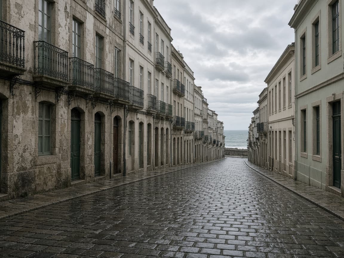 Calle de piedra en A Coruña, con luz atlántica.