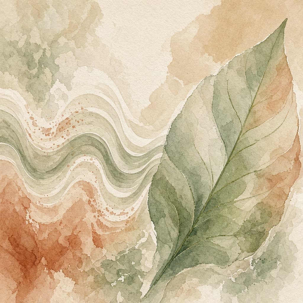 Pintura abstracta en verdes, crema y terracota.