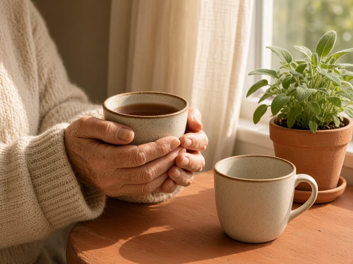 Manos mayores sosteniendo una taza junto a la ventana, frente a otra taza vacía.