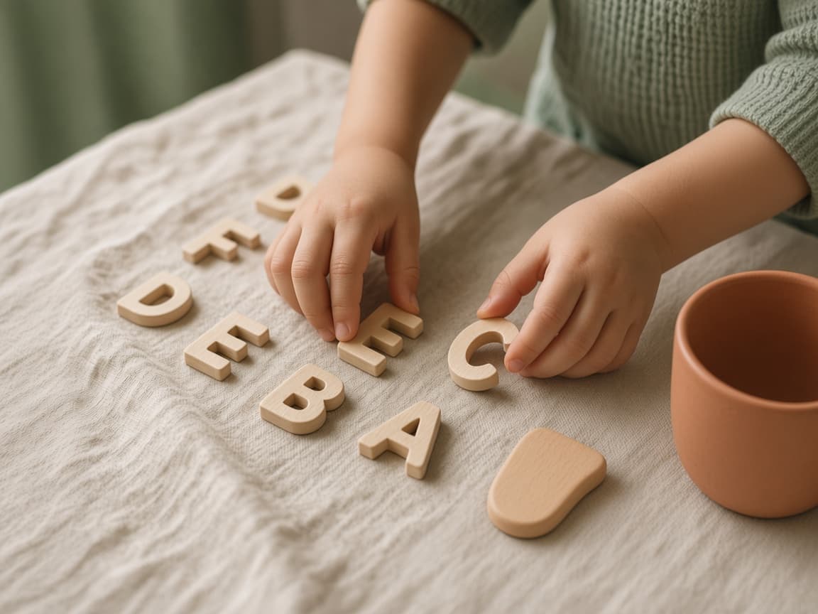 Manos infantiles junto a letras de madera y un vaso de cerámica, sobre lino.