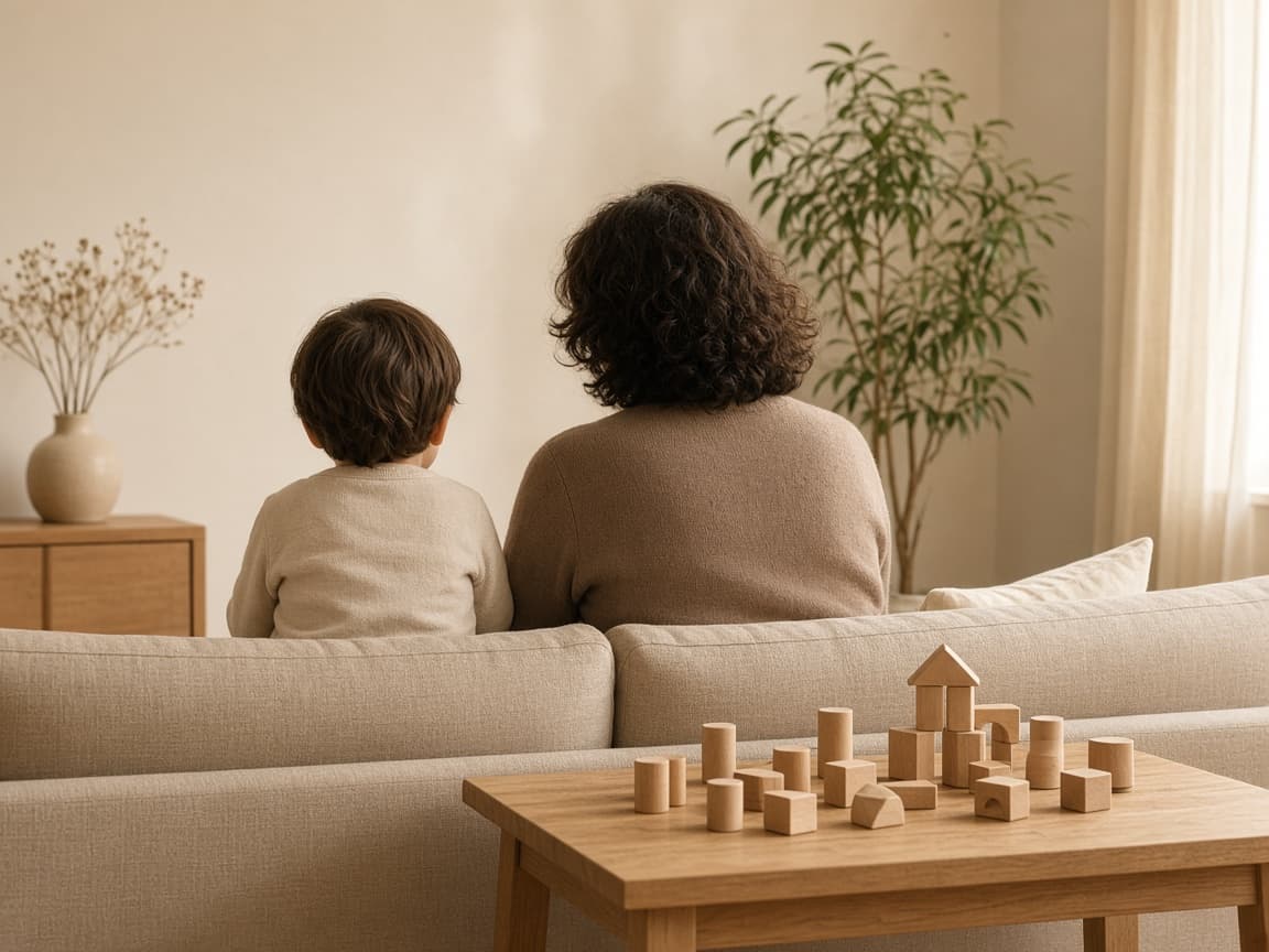 Adulto y niño de espaldas, con bloques de madera en la mesa.