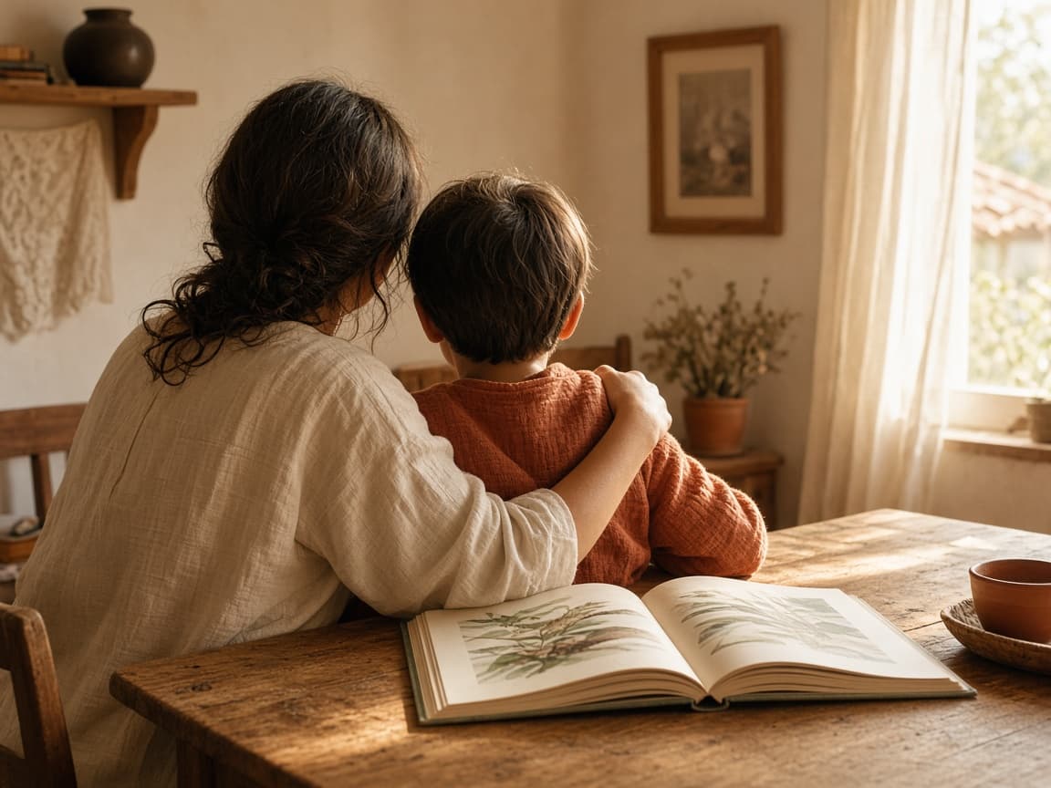 Un adulto y un niño leen juntos, vistos de espaldas.