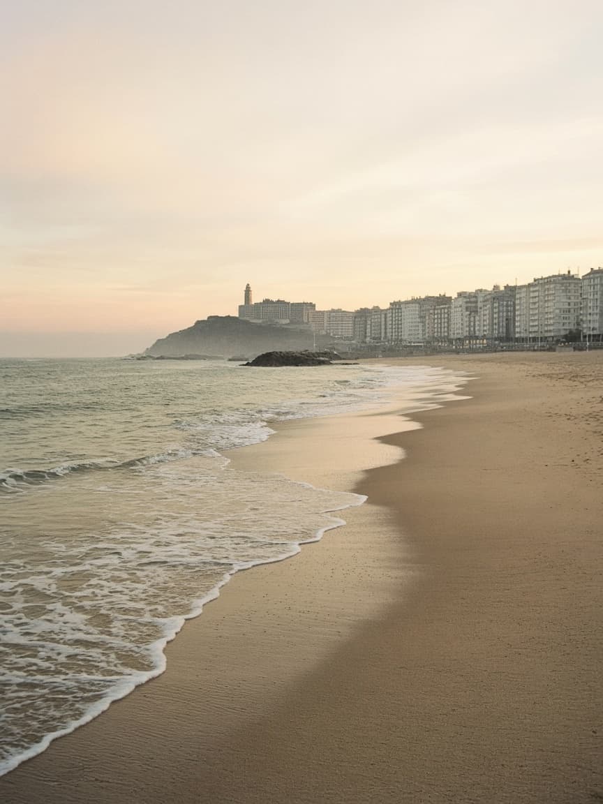 Costa de A Coruña al amanecer, con mar en calma.
