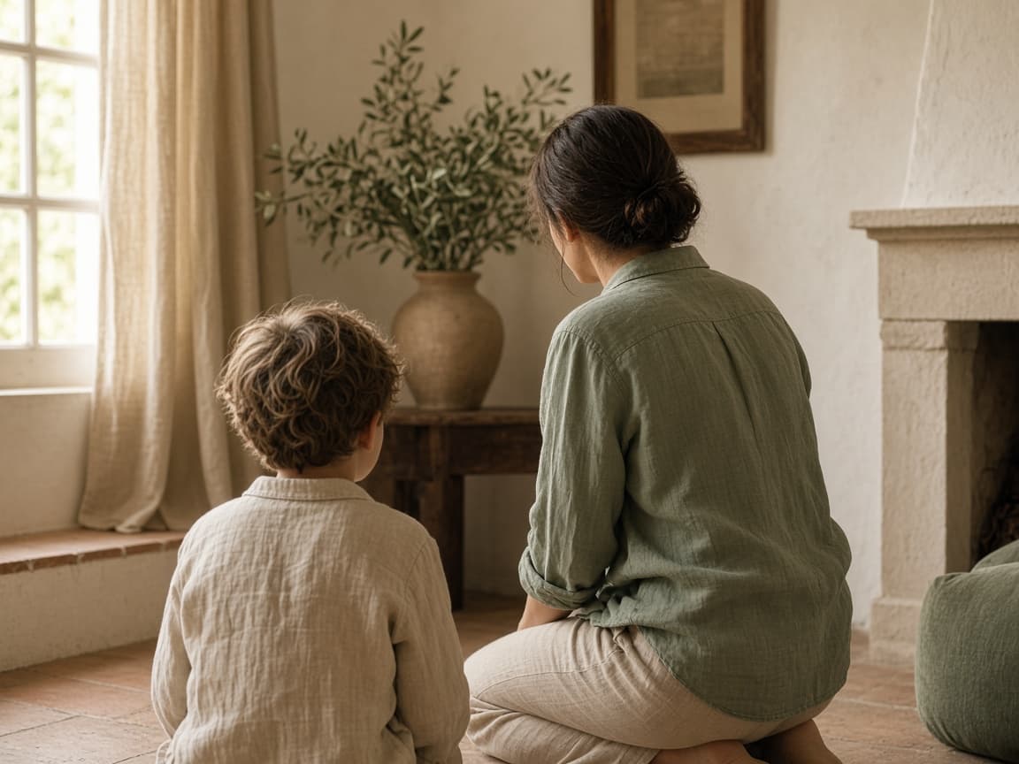 Un niño y un adulto conversan de espaldas, a la misma altura.