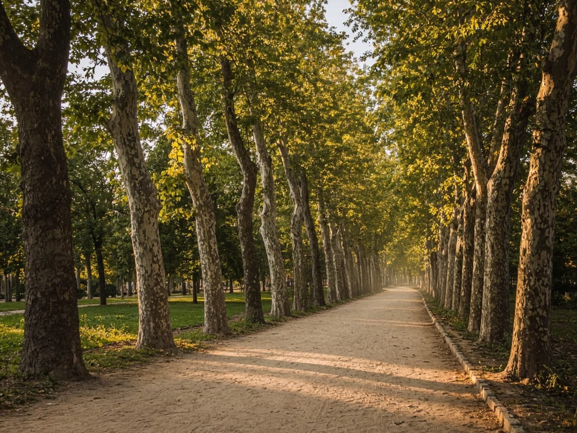 Parque arbolado con luz de tarde.