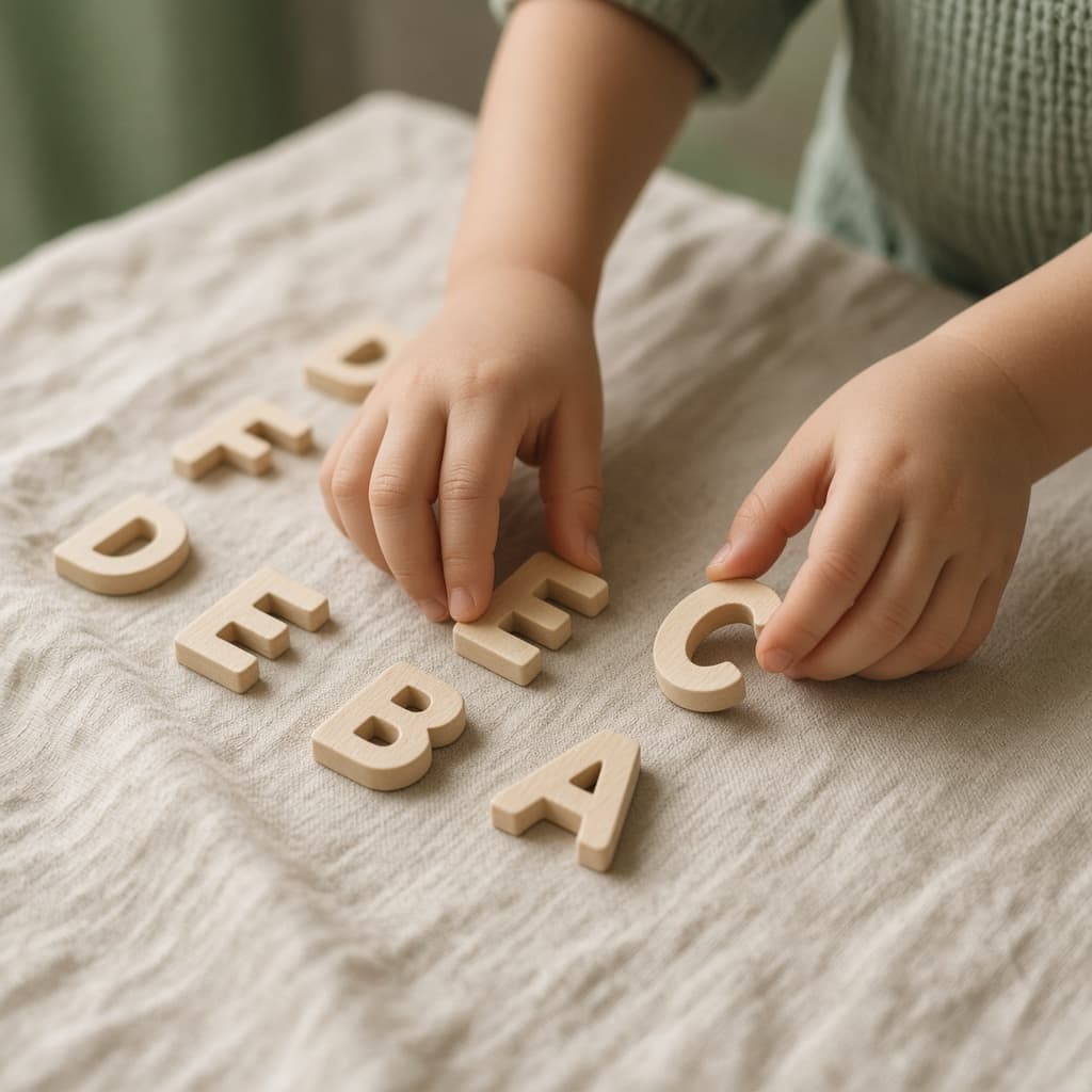 Manos infantiles ordenando letras de madera.