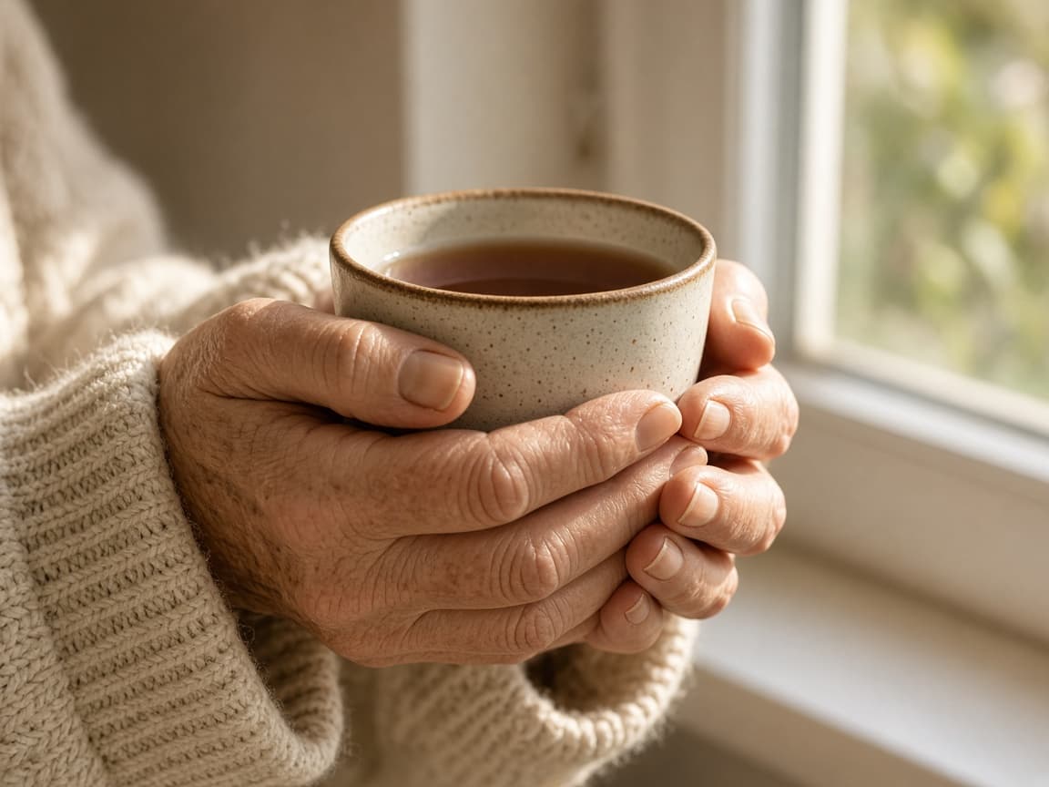 Manos mayores sosteniendo una taza junto a la ventana.
