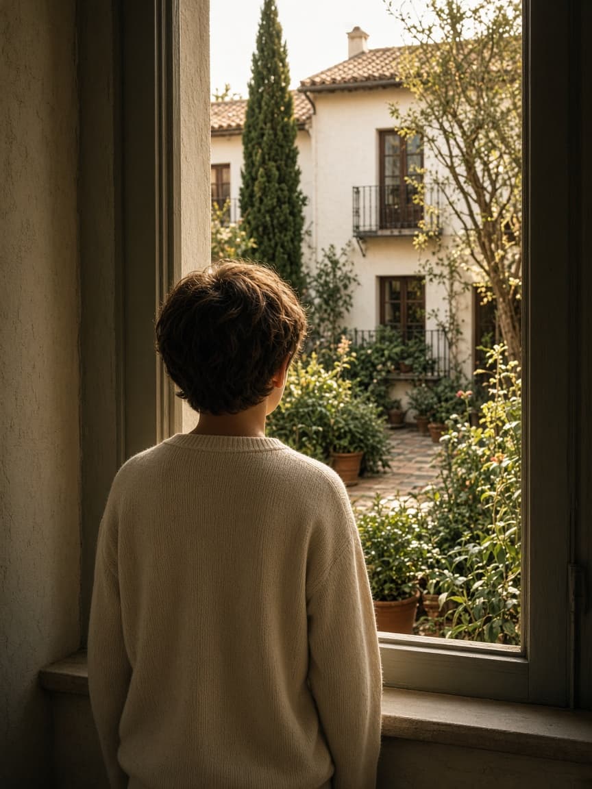 Un niño mira al jardín desde una ventana, de espaldas.