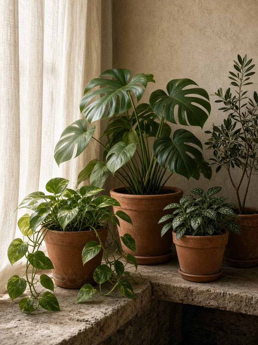 Plantas junto a una cortina de lino.